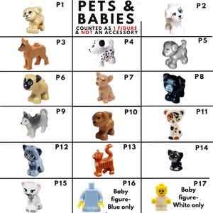 Op de afbeelding: Een verzameling van zeventien kleine plastic dieren- en babyfiguren, gelabeld van P1 tot P17. Het raster bevat diverse honden, katten en twee babyfiguren. De tekst bovenaan luidt PETS & BABIES COUNTED AS 1 FIGURE & NOT AN ACCESSORY.
