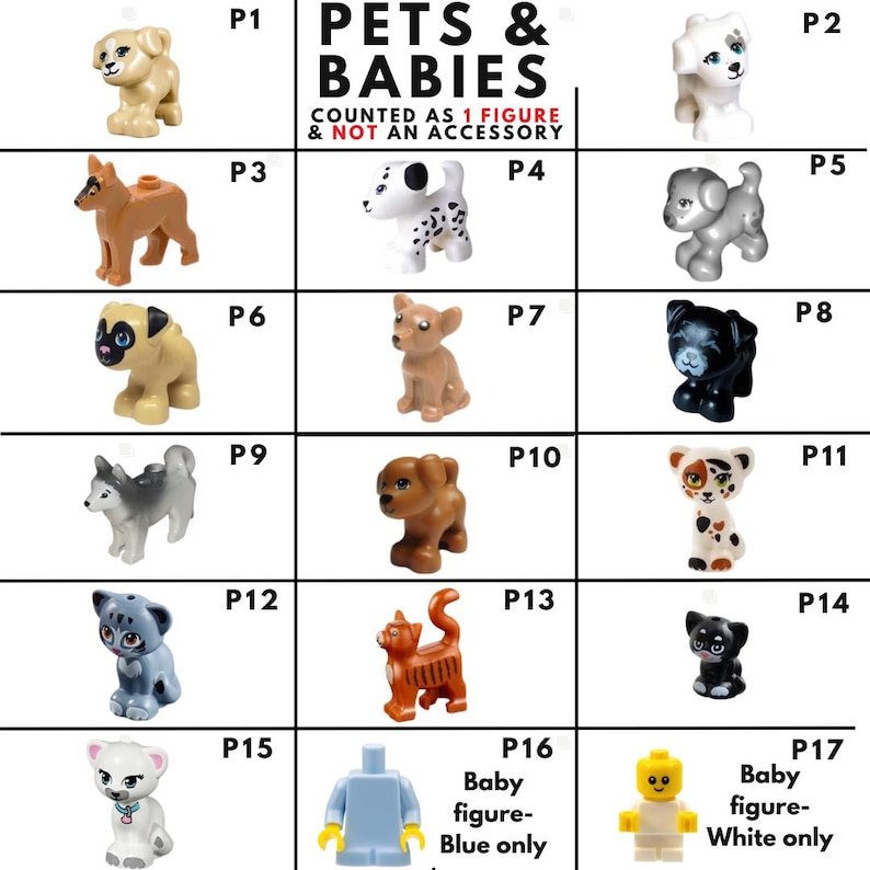Op de afbeelding: Een verzameling van zeventien kleine plastic dieren- en babyfiguren, gelabeld van P1 tot P17. Het raster bevat diverse honden, katten en twee babyfiguren. De tekst bovenaan luidt PETS & BABIES COUNTED AS 1 FIGURE & NOT AN ACCESSORY.