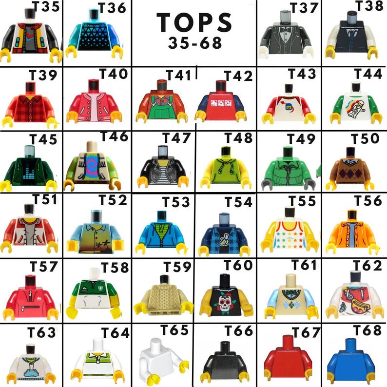 May include: A grid of Lego minifigure torsos, numbered 35-68, showcasing various designs. The tops include jackets, shirts, and sweaters in diverse colors and patterns. The word "TOPS" and the numbers "35-68" are displayed at the top.