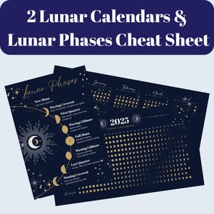 Whimsical Lunar Calendars and Moon Phases Cheat Sheet | Navy Blue, Gold and Silver | Magical Celestial Wall Art Printable
