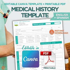 Puede incluir: Una plantilla editable de historial médico con secciones para información del paciente, antecedentes personales, examen físico y pruebas de laboratorio, incluyendo iconos visibles de Canva y PDF en el documento.