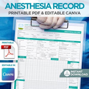 Anästhesieprotokollvorlage, bearbeitbare Canva-Datei, druckbares PDF, klinisches Anästhesieformular