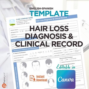 K&ouml;nnte beinhalten: Eine Vorlage f&uuml;r die Diagnose und klinische Aufzeichnung von Haarausfall mit dem Text "Hair Loss Diagnosis & Clinical Record". Die Vorlage enth&auml;lt Abschnitte f&uuml;r Patienteninformationen, Krankengeschichte und Behandlungspl&auml;ne. Bearbeitbar in Canva.