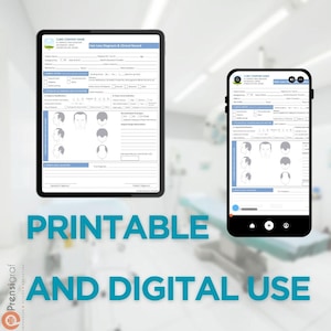 K&ouml;nnte beinhalten: Ein digitales und druckbares Formular zur Diagnose und klinischen Aufzeichnung von Haarausfall, das auf einem Tablet und Smartphone angezeigt wird. Das Formular enth&auml;lt Abschnitte f&uuml;r Patienteninformationen, Haarausfallbewertung und empfohlene Behandlungen.