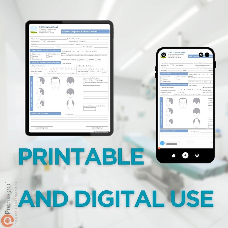 K&ouml;nnte beinhalten: Ein digitales und druckbares Formular zur Diagnose und klinischen Aufzeichnung von Haarausfall, das auf einem Tablet und Smartphone angezeigt wird. Das Formular enth&auml;lt Abschnitte f&uuml;r Patienteninformationen, Haarausfallbewertung und empfohlene Behandlungen.