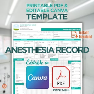 May include: A printable anaesthesia record form template featuring sections for patient monitoring, airway management, and regional anaesthesia. The document includes fields for clinic information, medical data, and fluid balance, with Canva and PDF icons.