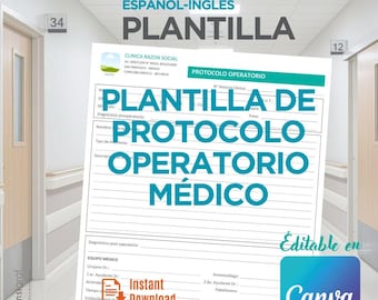 Vorlage für ein medizinisches OP-Protokoll, bearbeitbarer OP-Bericht in Canva, professionelles Krankenhausformat, digitaler Download-Brief