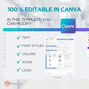 K&ouml;nnte beinhalten: Werbung f&uuml;r eine digitale Vorlage mit dem Text "100% EDITABLE IN CANVA". Das Bild zeigt die Anpassungsoptionen der Vorlage: Text, Schriftarten, Farben, Symbole und Logo. Ein Canva-Logo und ein Musterformular sind ebenfalls zu sehen.