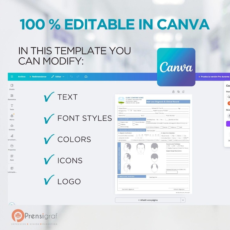 K&ouml;nnte beinhalten: Werbung f&uuml;r eine digitale Vorlage mit dem Text "100% EDITABLE IN CANVA". Das Bild zeigt die Anpassungsoptionen der Vorlage: Text, Schriftarten, Farben, Symbole und Logo. Ein Canva-Logo und ein Musterformular sind ebenfalls zu sehen.