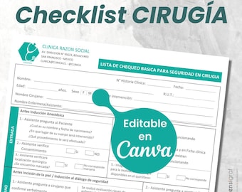 Vorlage für eine Checkliste zur OP-Sicherheit (Canva), Checkliste für Betreten, Pause und Verlassen des OP-Saals, bearbeitbares WHO-Patientensicherheitsprotokoll