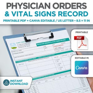 Puede incluir: Un formulario de papel blanco titulado Physician Orders & Vital Signs Record en un portapapeles. El documento incluye secciones para información del paciente, órdenes clínicas y una cuadrícula de monitoreo de 24 horas en 21,59 x 27,94 cm.