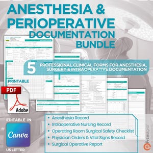 Puede incluir: Un paquete digital de cinco formularios clínicos imprimibles para anestesia y documentación perioperatoria, que incluye registro de anestesia, registro de enfermería, lista de verificación quirúrgica y informe operatorio en PDF.