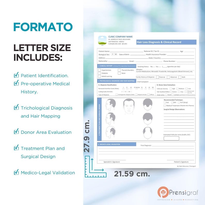K&ouml;nnte beinhalten: Ein Formular zur Diagnose und klinischen Aufzeichnung von Haarausfall im Letter-Format, 21,59 cm breit und 27,9 cm hoch. Das Formular enth&auml;lt Abschnitte f&uuml;r Patientenidentifikation, medizinische Vorgeschichte, trichologische Diagnose, Spenderbereichsbewertung, Behandlungsplan und rechtliche Validierung.