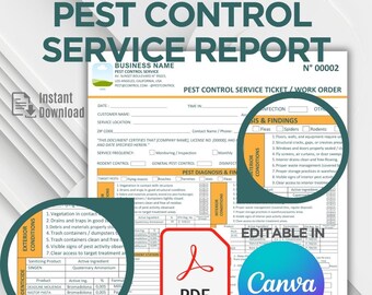 害虫駆除サービス報告書テンプレート、印刷可能なPDFおよび編集可能なCanva、害虫駆除業者作業指示書、害虫検査フォーム