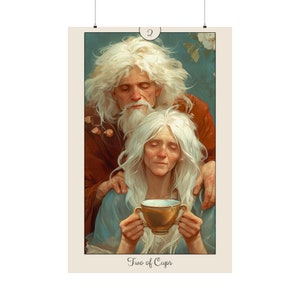 Tarô 'Dois de Copas' com borda de tarô - Impressão de pôster - Impressão artística da série de cartas de tarô - Vários tamanhos - Pôsteres verticais foscos premium
