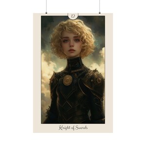 May include: A tarot card illustration of the Knight of Swords. The card features a young woman with blonde curly hair wearing black armor with gold accents. The background is a cloudy sky.