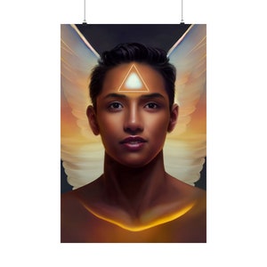 May include: A digital painting of a person with wings, a glowing triangle on their forehead, and a golden glow around their neck.