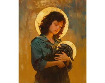 May include: A woman in a blue shirt holds a dark, alien-like creature in her arms. The woman and creature are surrounded by a golden halo.