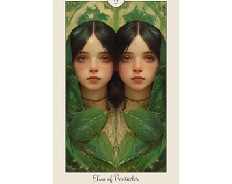 May include: A tarot card illustration depicting the Two of Pentacles. The card features two women with green leaves surrounding them. The card is set against a green and gold background. The text "Two of Pentacles" is printed at the bottom of the card.