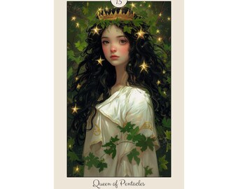 May include: A tarot card illustration of the Queen of Pentacles. The card features a woman with long dark hair wearing a crown and a white dress. She is surrounded by green leaves and gold stars.