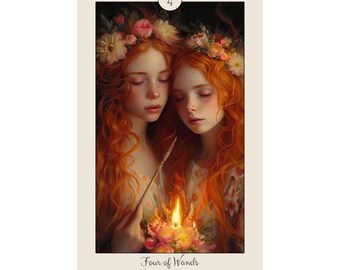 May include: A tarot card illustration depicting two women with long red hair wearing flower crowns. They are holding a lit candle and a wand. The card is labeled "Four of Wands".