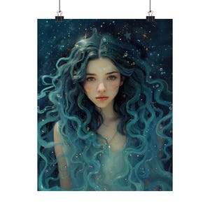May include: A woman with long, flowing teal blue hair with a starry background. The woman has a soft, ethereal look with a gentle expression.