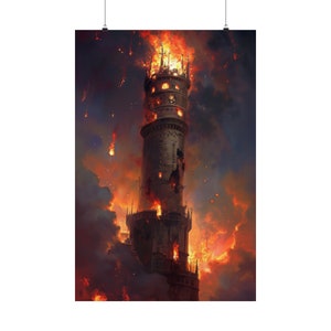 Könnte beinhalten: Ein hoher Steinturm, der in Flammen steht, vor einem dunklen, stürmischen Himmel. Der Turm bröckelt und hat mehrere Fenster und ein Zifferblatt. Die Flammen sind orange und rot, und der Rauch steigt in die Luft.