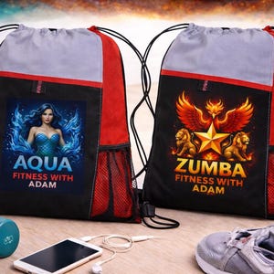 May include: Two drawstring gym bags, one black with "AQUA FITNESS WITH ADAM" and a woman in blue, the other black with "ZUMBA FITNESS WITH ADAM" and a star, lions, and wings. Both bags have red and gray accents.