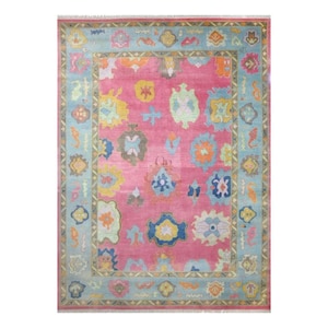 Hand-Knotted Oushak Wool Rug 8x10: Pink & Blue Turkish Area Rug