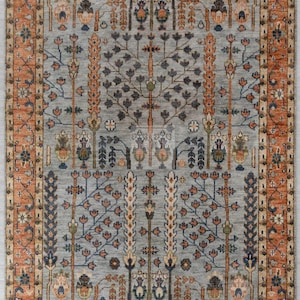 Hand Knotted Wool Oushak Rug: Traditional Turkish Design, Gray & Rust