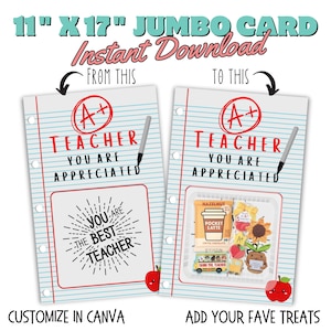 May include: A jumbo card design, 11" x 17", with the text "Teacher, You Are Appreciated." The design includes a red apple and a pencil. The card is customizable and allows for adding treats.