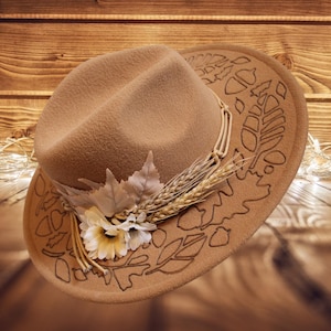Wide Brim Hat - Burned Custom Floral Design | Burned Fedora, Rancher Hat, Cowboy Hat, Summer Accessories, Handmade Unique Gifts