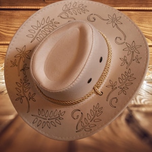 Cowboy Hat - Burned Floral Design | Burned Fedora, Rancher Hat, Cowboy Hat, Summer Accessories, Handmade Unique Gifts, Wide Brim Hat