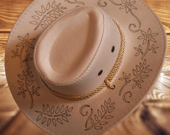 Burned Floral Cowboy Hat – Wide Brim Rancher, Adjustable Fit