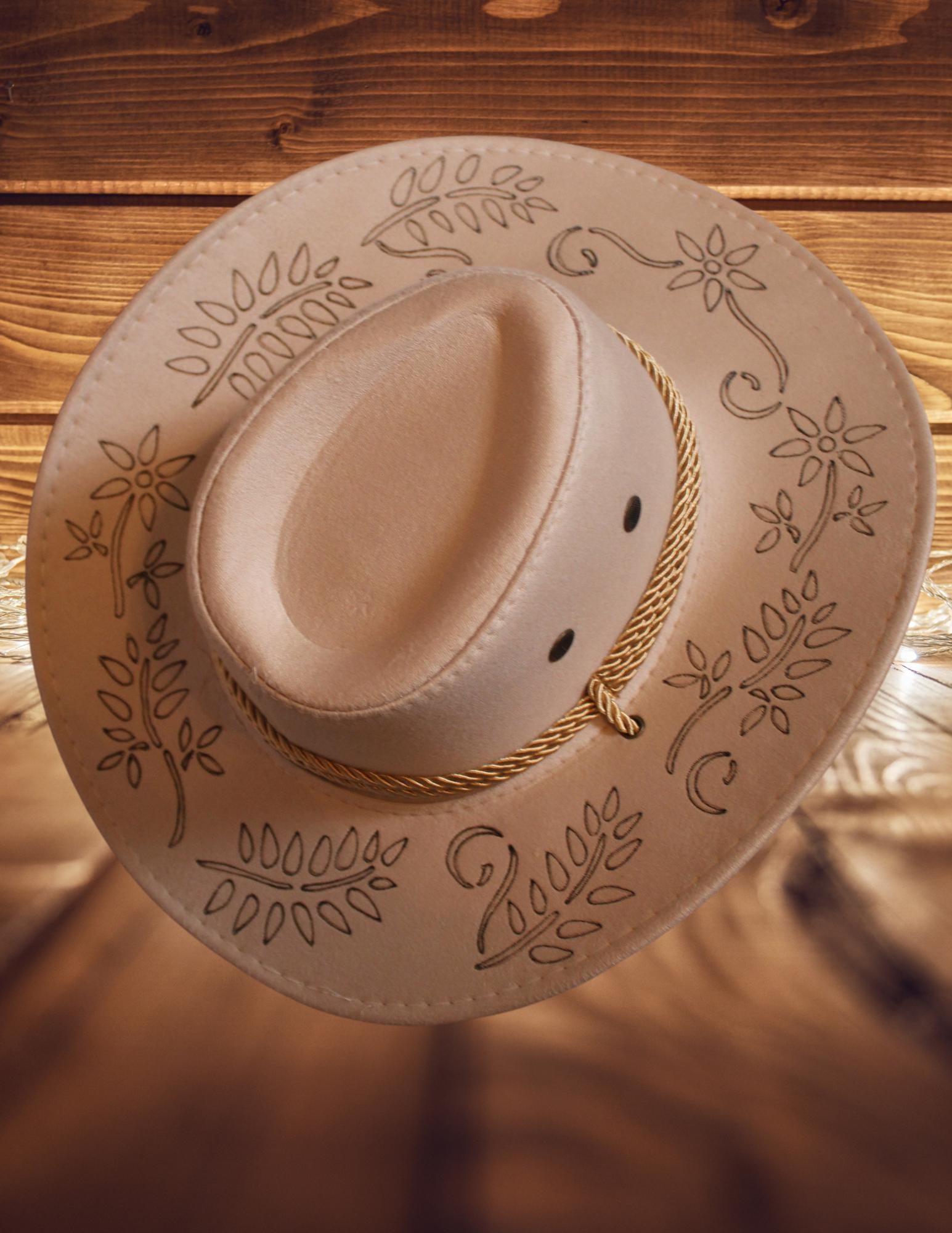 Burned Floral Cowboy Hat – Wide Brim Rancher, Adjustable Fit 