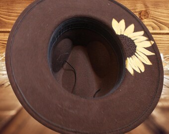Hand Burned Sunflower Vegan Suede Rancher Hat - Etsy display picture 1