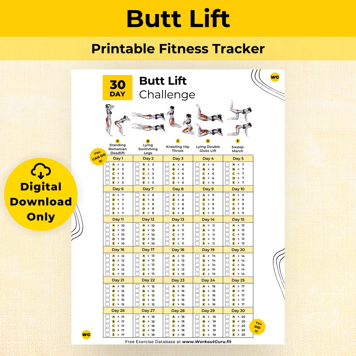 30 Day Booty Lift Challenge Printable Workout Tracker. Butt Workout ...