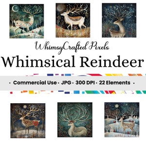 May include: Whimsical Reindeer digital clipart set featuring 22 elements. The set includes illustrations of reindeer with intricate antlers, surrounded by wintery scenes with trees, snow, and stars. The illustrations are in a whimsical style with a muted color palette of blues, greens, and browns.