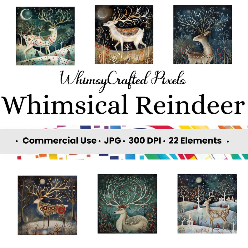 May include: Whimsical Reindeer digital clipart set featuring 22 elements. The set includes illustrations of reindeer with intricate antlers, surrounded by wintery scenes with trees, snow, and stars. The illustrations are in a whimsical style with a muted color palette of blues, greens, and browns.