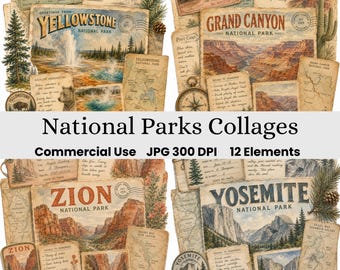 Ensemble de cliparts de carte postale de voyage vintage aquarelle parcs nationaux, éphémères d'aventures dans la nature de scrapbooking en couches, ensemble JPG de voyage sur la route rétro