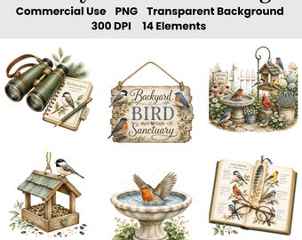 Ensemble de 14 illustrations aquarelles pour l'observation des oiseaux dans votre jardin : oiseaux chanteurs mignons, mangeoires, nichoir, bain d'oiseaux, jardin champêtre (PNG).