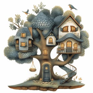 Whimsical Tree Houses v2 Digital Pages | Printable Digital Tree House Backgrounds For Scrapbooks, Card Making, Crafts | Commercial Use JPGs