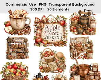 Ensemble de 20 images clipart aquarelle sur le thème du week-end du cidre de pomme : récolte d'automne chaleureuse (PNG), étal de ferme, verger, pâtisserie d'automne, cueillette de pommes.
