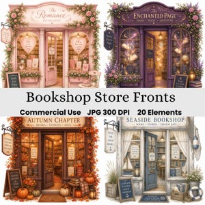 May include: Watercolor illustrations of four different bookshop storefronts. The shops are decorated with flowers, pumpkins, and nautical elements. The text on the image reads "The Romance Bookshop", "The Enchanted Page", "Autumn Chapter", and "Seaside Bookshop".