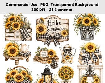 Ensemble de 25 cliparts aquarelle de tournesols pour ferme, ensemble PNG à carreaux vichy noir et blanc, décoration rustique champêtre, graphismes d'automne pour ferme
