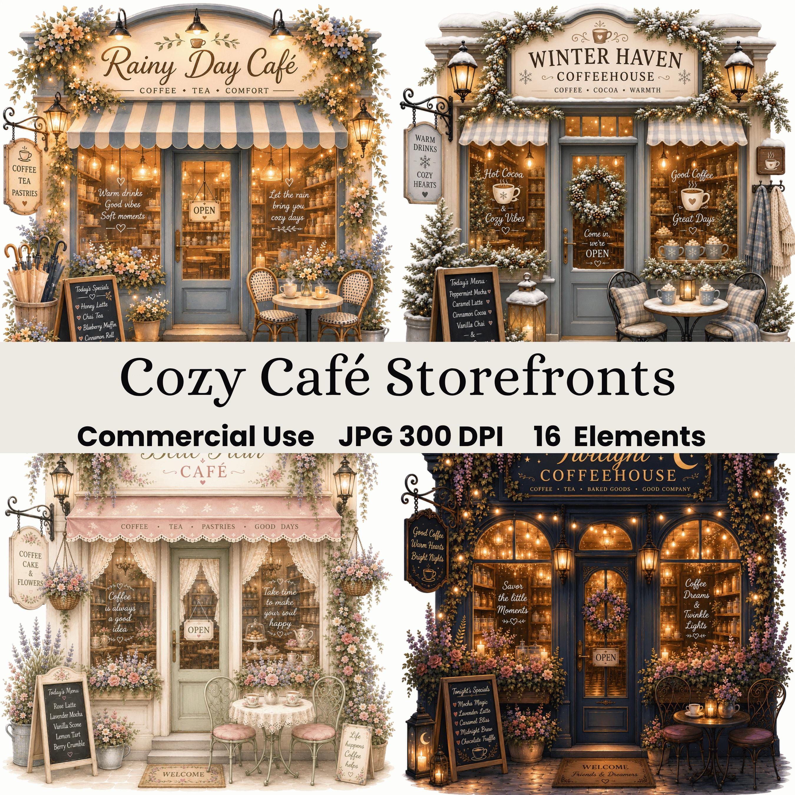 Cozy Café Storefront Clipart Bundle | Watercolor Coffee Shop Jpgs ...