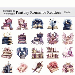 Op de afbeelding: Een verzameling aquarel illustraties met fantasiethema's. De afbeeldingen bevatten stapels boeken, open boeken met hemelse ontwerpen, sierlijke stoelen, draken en rozen. De tekst op de afbeelding luidt "Fantasy Romance Readers" en "Printable 33 PNG Image".