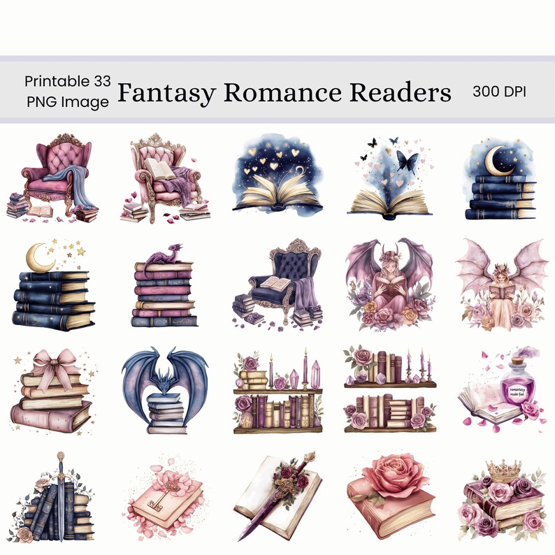 Op de afbeelding: Een verzameling aquarel illustraties met fantasiethema's. De afbeeldingen bevatten stapels boeken, open boeken met hemelse ontwerpen, sierlijke stoelen, draken en rozen. De tekst op de afbeelding luidt "Fantasy Romance Readers" en "Printable 33 PNG Image".