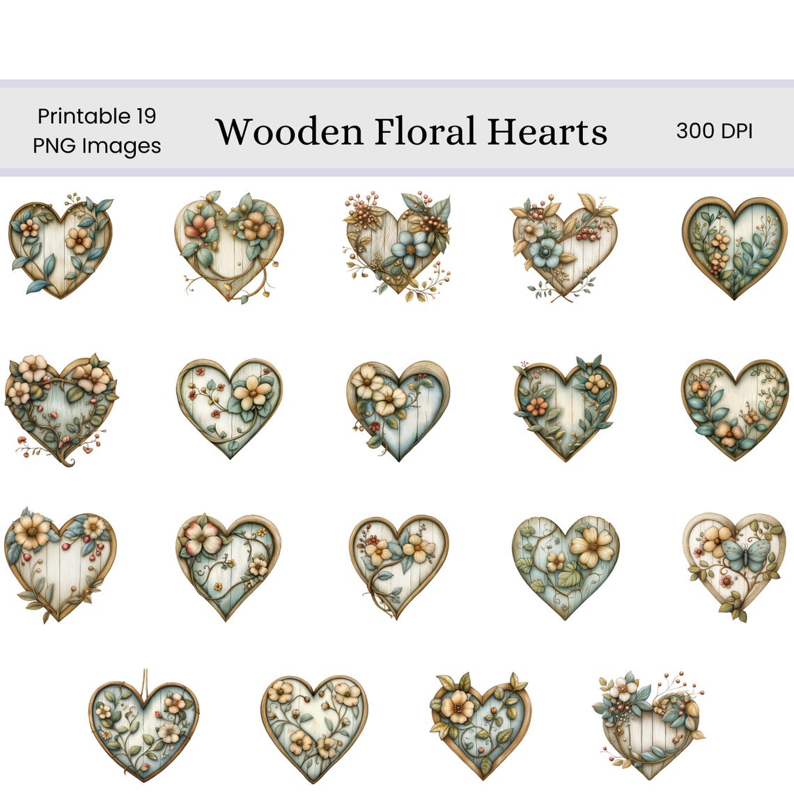 Wooden Floral Hearts Clip Art Set | Rustic Digital Images | Scrapbooks ...