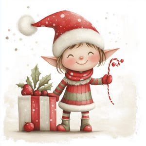 May include: A smiling elf wearing a red and white hat, a red and green striped sweater, and holding a candy cane. The elf is standing next to a wrapped gift box with red ribbon.